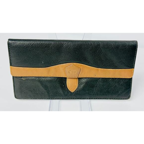 Vintage CHRISTIAN DIOR CD Long Wallet Black Tan Calfskin Dior Collectors - Picture 1 of 5